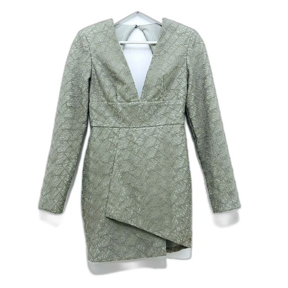 Misha Collection Metallic Sage Gray Lace Luxury Natasha Mini Dress Size 4 - Picture 3 of 16